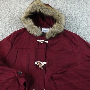 Old Navy Coat Womens 2X Red Wool Hooded Toggle Duffle Parka Faux Fur Jacket Cozy